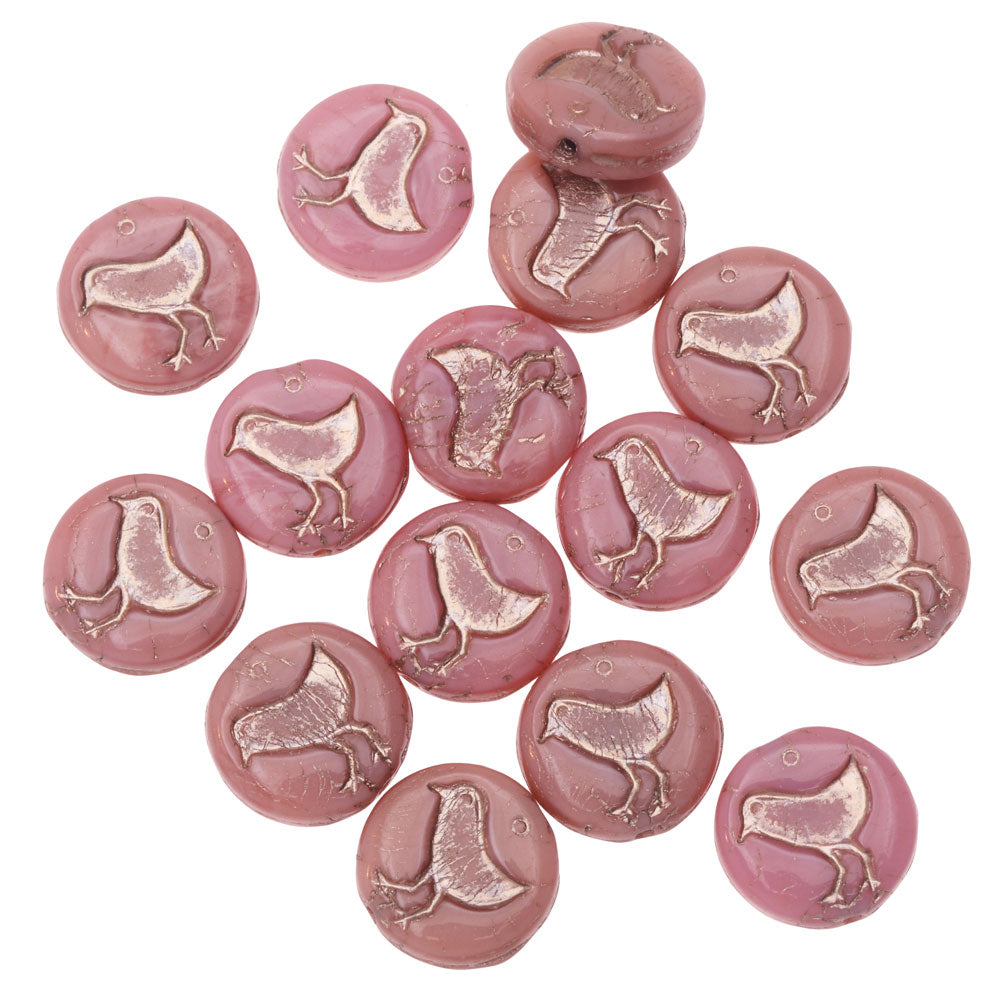 Czech Glass Beads, Coin with Bird 12mm, Pink Silk with Platinum Wash, by Raven's Journey (1 Strand)