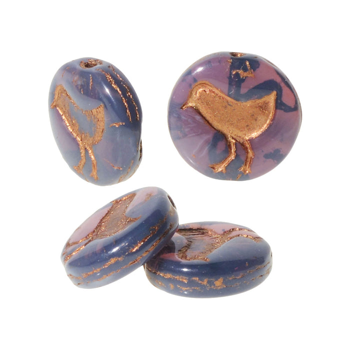 Czech Glass Beads, Coin with Bird 12mm, Purple Opaline with Bronze Wash, by Raven's Journey (1 Strand)
