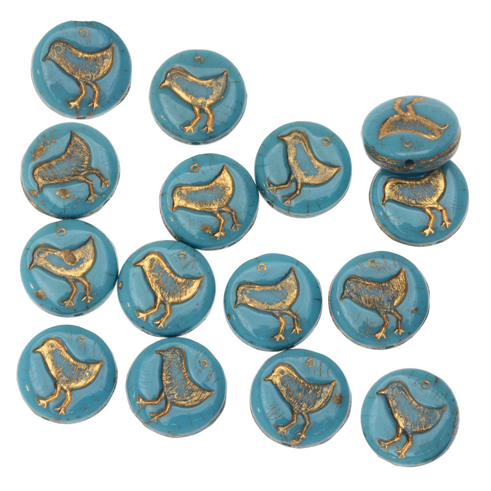 Czech Glass Beads, Coin with Bird 12mm, Teal Turquoise Opaque with Gold Wash, by Raven's Journey (1 Strand)