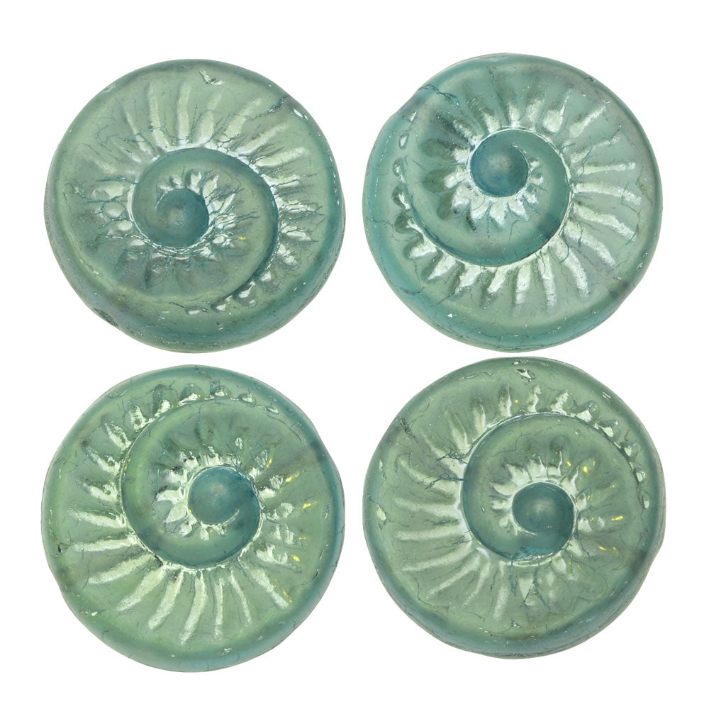 Czech Glass Beads, Coin Fossil 19mm, Aqua Blue Transparent Matte with Platinum Finish, by Raven's Journey (4 Pieces)