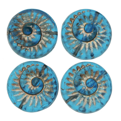 Czech Glass Beads, Coin Fossil 19mm, Aqua Blue Transparent with Platinum Wash, by Raven's Journey (10 Pieces)