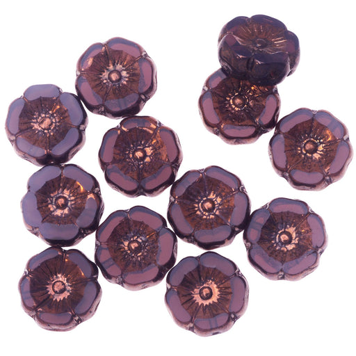 Czech Glass Beads, Hibiscus Flower 12mm, Purple Opaline with Bronze Finish, by Raven's Journey (1 Strand)