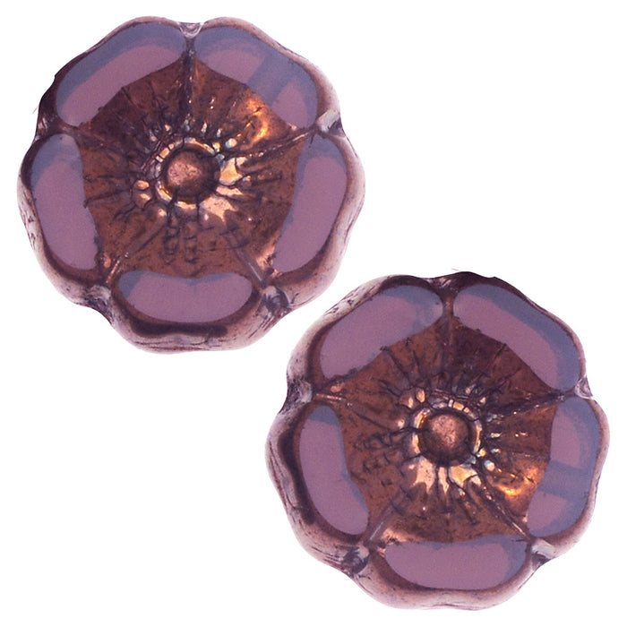 Czech Glass Beads, Hibiscus Flower 12mm, Purple Opaline with Bronze Finish, by Raven's Journey (1 Strand)