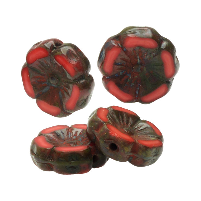 Czech Glass Beads, Hibiscus Flower 12mm, Red Coral Opaque with Picasso Finish, by Raven's Journey (1 Strand)
