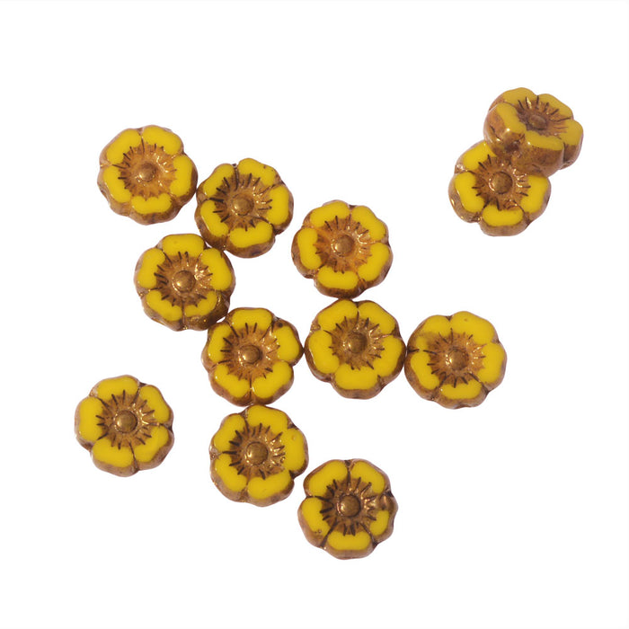 Czech Glass Beads, Hibiscus Flower 7mm, Mustard Yellow Opaque with Bronze Finish, by Raven's Journey (1 Strand)