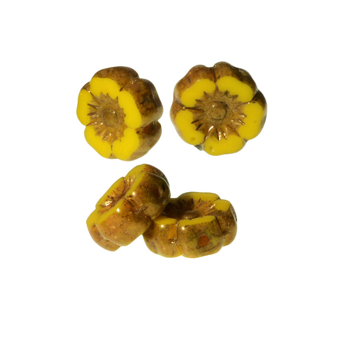 Czech Glass Beads, Hibiscus Flower 7mm, Mustard Yellow Opaque with Bronze Finish, by Raven's Journey (1 Strand)