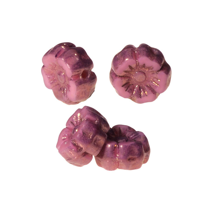 Czech Glass Beads, Hibiscus Flower 7mm, Pink Silk with Purple Bronze Finish, by Raven's Journey (1 Strand)