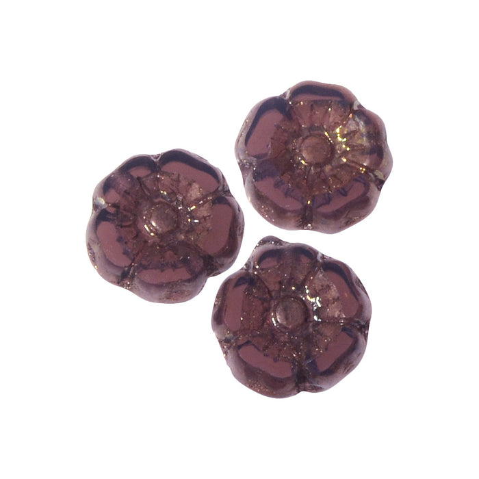 Czech Glass Beads, Hibiscus Flower 7mm, Purple Opaline with Bronze Finish, by Raven's Journey (1 Strand)