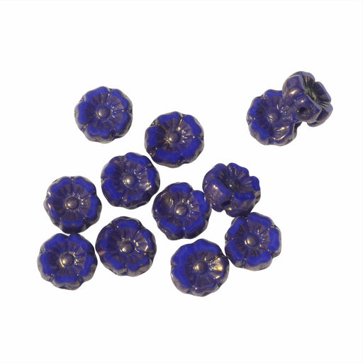 Czech Glass Beads, Hibiscus Flower 7mm, Royal Blue Silk with Bronze Finish, by Raven's Journey (1 Strand)