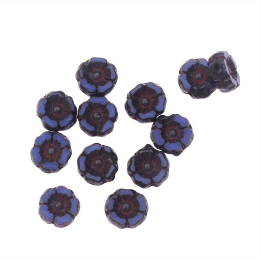 Czech Glass Beads, Hibiscus Flower 7mm, Royal Blue Silk with Picasso Finish, by Raven's Journey (1 Strand)