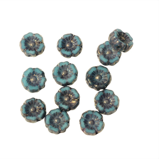 Czech Glass Beads, Hibiscus Flower 7mm, Turquoise Silk with Bronze Finish, by Raven's Journey (1 Strand)
