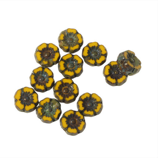 Czech Glass Beads, Hibiscus Flower 7mm, Yolk Yellow Opaque with Picasso Finish, by Raven's Journey (1 Strand)