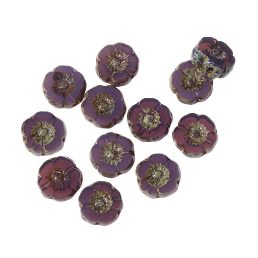 Czech Glass Beads, Hibiscus Flower 9mm, Purple Opaline with Picasso, by Raven's Journey (1 Strand)