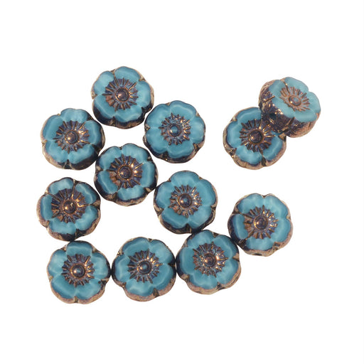 Czech Glass Beads, Hibiscus Flower 9mm, Turquoise Silk with Bronze Finish, by Raven's Journey (1 Strand)