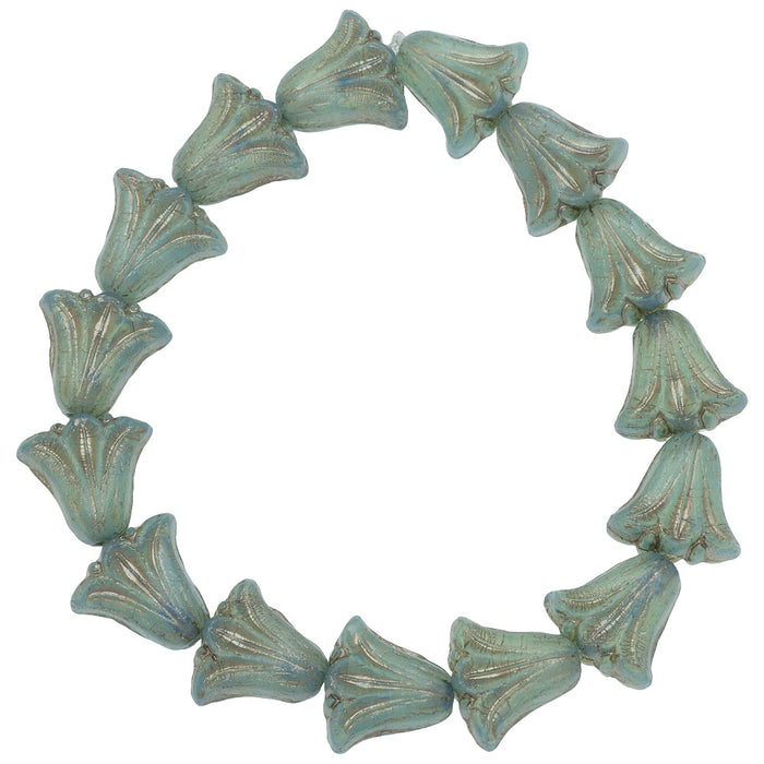 Czech Glass Beads, Lily Flower 9x10mm, Aqua Blue Opaline with Platinum Luster Wash, by Raven's Journey (1 Strand)