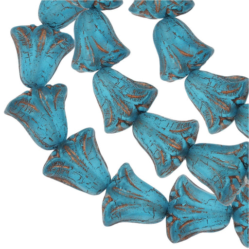 Czech Glass Beads, Lily Flower 9x10mm, Aqua Blue Transparent Matte with Copper Wash, by Raven's Journey (1 Strand)