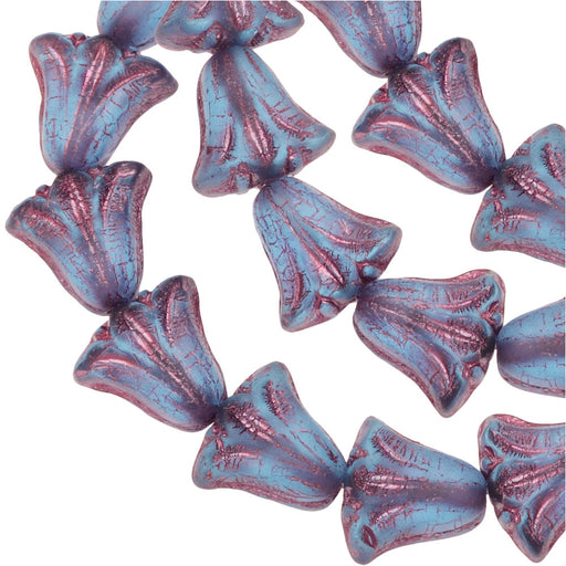 Czech Glass Beads, Lily Flower 9x10mm, Sapphire Blue Transparent Matte with Pink Wash, by Raven's Journey (1 Strand)