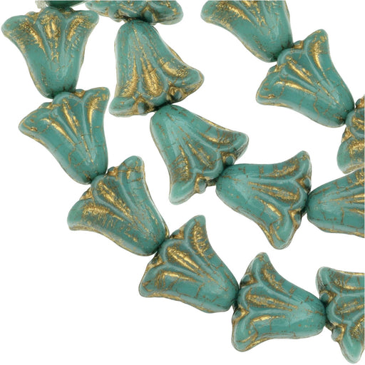 Czech Glass Beads, Lily Flower 9x10mm, Turquoise Opaque with Gold Wash, by Raven's Journey (1 Strand)