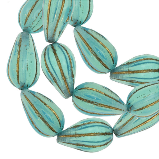 Czech Glass Beads, Melon Drop 13x8mm, Aqua Blue Opaline with Gold Wash, by Raven's Journey (1 Strand)