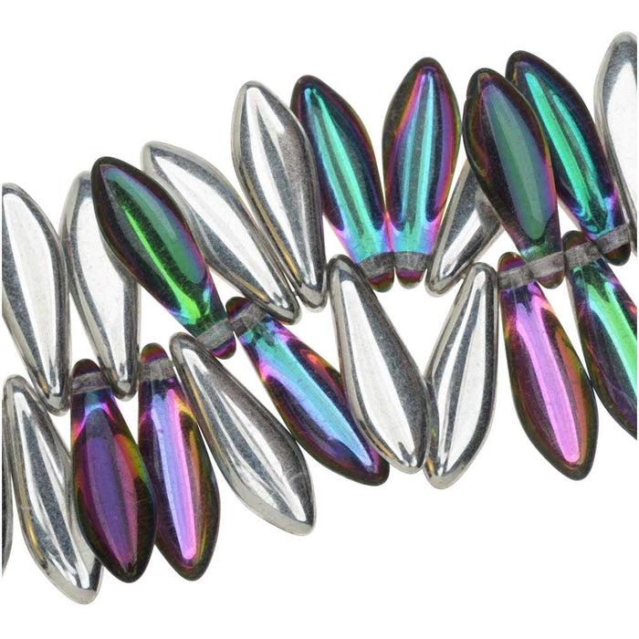 Czech Glass, Dagger Beads 5x16mm, Backlit Spectrum (25 Pieces)