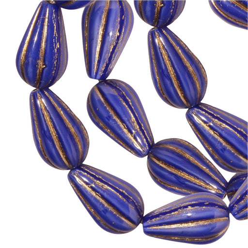 Czech Glass Beads, Melon Drop 13x8mm, Royal Blue Silk with Platinum Wash, by Raven's Journey (1 Strand)