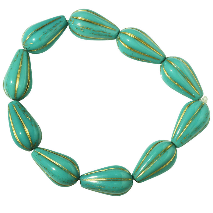 Czech Glass Beads, Melon Drop 13x8mm, Turquoise Opaque with Gold Wash, by Raven's Journey (1 Strand)