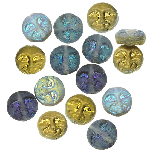 Czech Glass Beads, Coin with Moon Face 13mm, Transparent with Iridescent Half-Coat Finish and Gold Matte with Metallic Finish, by Raven's Journey (1 Strand)
