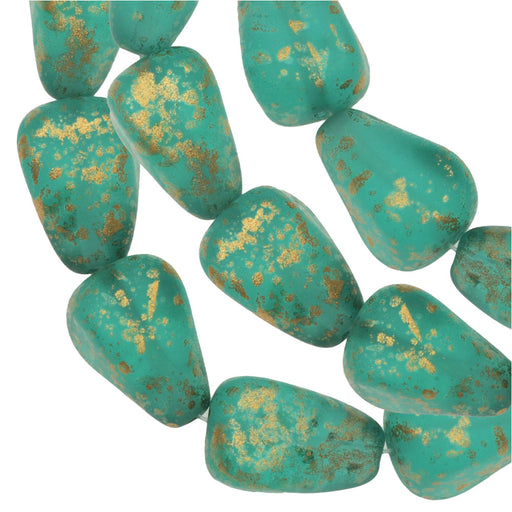 Czech Glass Beads, Old Style Drop 12x10mm, Aqua Green Transparent Matte with Speckled Gold Finish, by Raven's Journey (1 Strand)