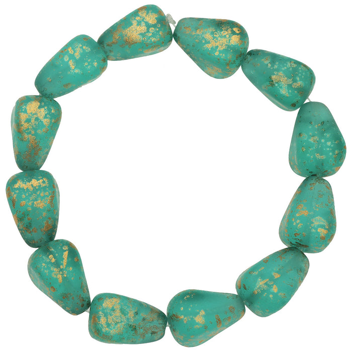 Czech Glass Beads, Old Style Drop 12x10mm, Aqua Green Transparent Matte with Speckled Gold Finish, by Raven's Journey (1 Strand)