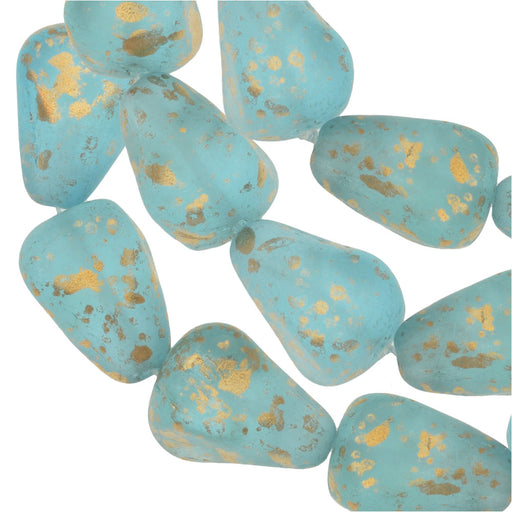 Czech Glass Beads, Old Style Drop 12x10mm, Aqua Light Blue Transparent Matte with Mottled Gold Finish, by Raven's Journey (1 Strand)