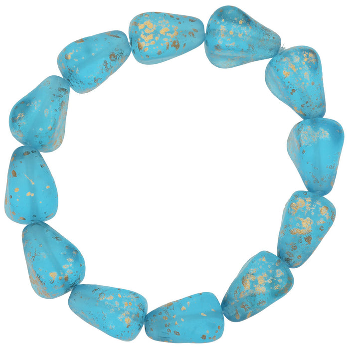 Czech Glass Beads, Old Style Drop 12x10mm, Capri Blue Transparent with Mottled Gold Finish, by Raven's Journey (1 Strand)