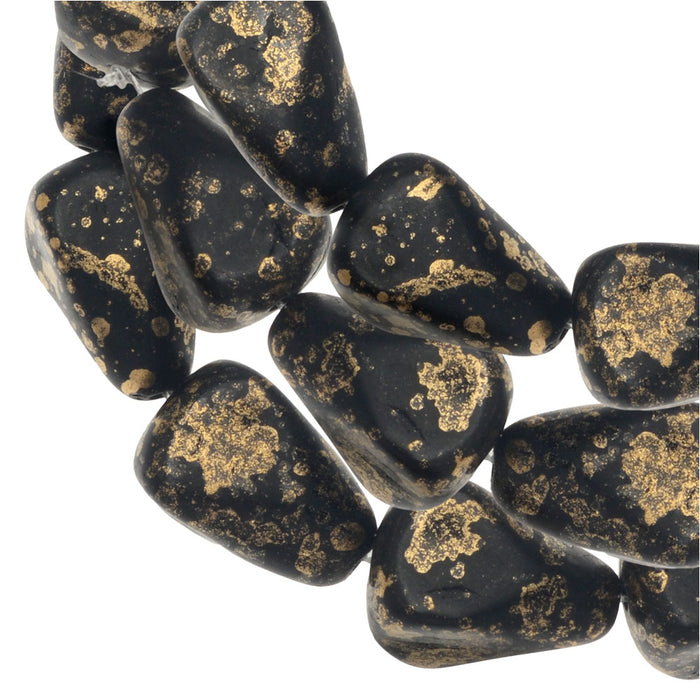 Czech Glass Beads, Old Style Drop 12x10mm, Jet Opaque Matte with Antique Gold Finish, by Raven's Journey (1 Strand)
