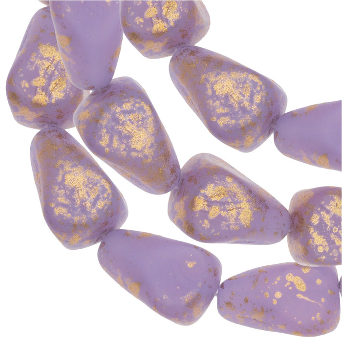 Czech Glass Beads, Old Style Drop 12x10mm, Lilac Satin Opaline Matte with Speckled Gold Finish, by Raven's Journey (1 Strand)
