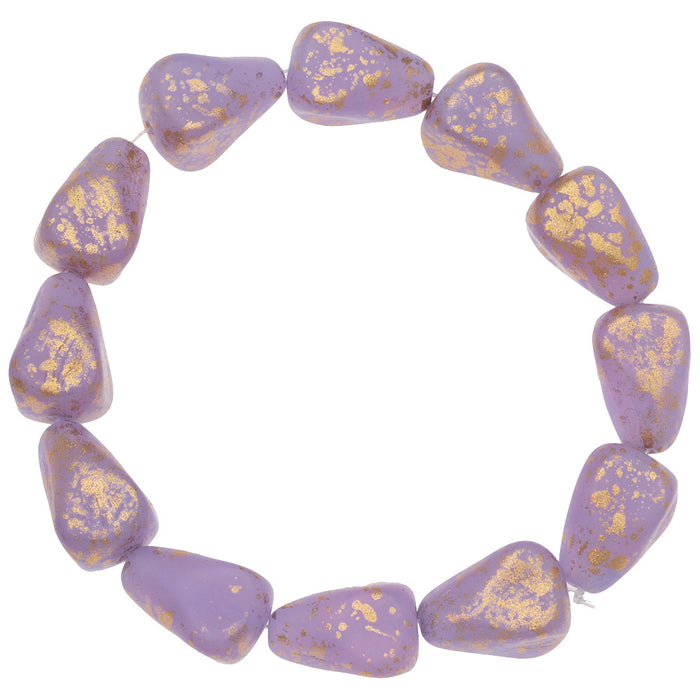 Czech Glass Beads, Old Style Drop 12x10mm, Lilac Satin Opaline Matte with Speckled Gold Finish, by Raven's Journey (1 Strand)