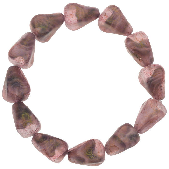 Czech Glass Beads, Old Style Drop 12x10mm, Pink Transparent with Amethyst Stripe Matte with Golden Luster Marble Finish, by Raven's Journey (1 Strand)