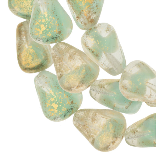 Czech Glass Beads, Old Style Drop 12x10mm, Sea Green Silk with Antique Gold Finish, by Raven's Journey (1 Strand)