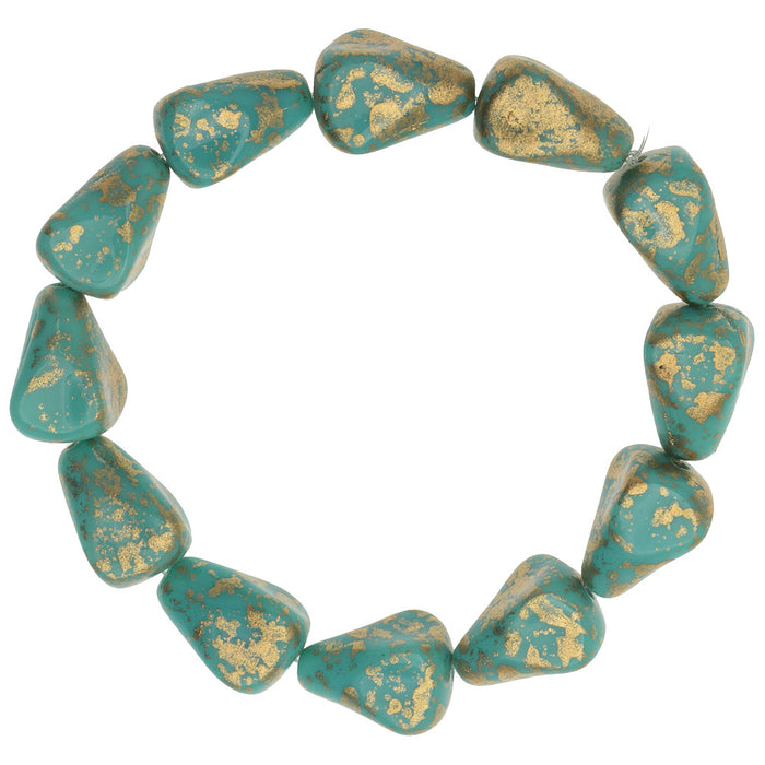 Czech Glass Beads, Old Style Drop 12x10mm, Turquoise Opaque with Anitque Gold Finish, by Raven's Journey (1 Strand)