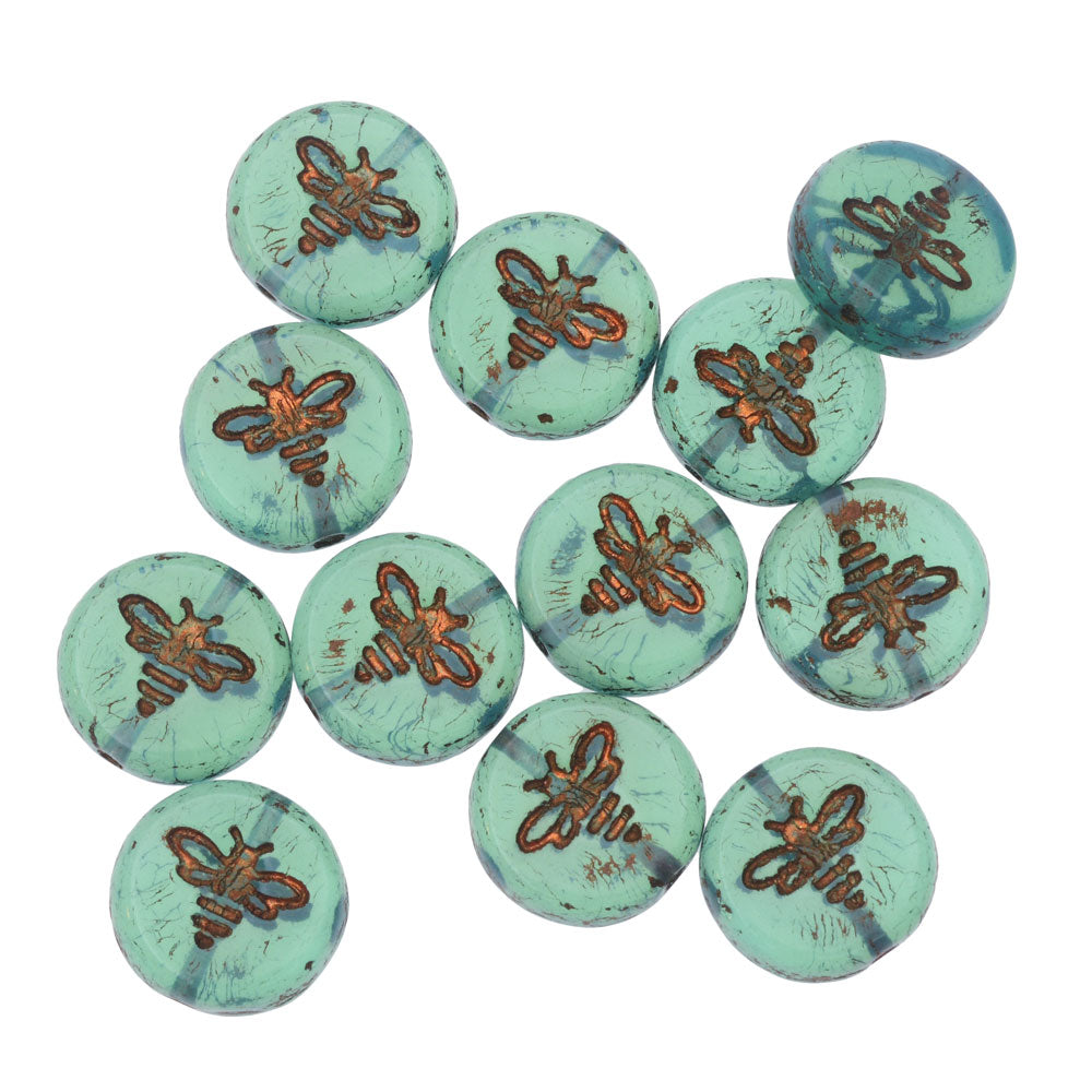 Czech Glass Beads, Pressed Coin with Bee 12mm, Aqua Blue Opaline with Dark Bronze Wash, by Raven's Journey (1 Strand)
