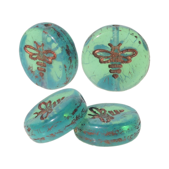 Czech Glass Beads, Pressed Coin with Bee 12mm, Aqua Blue Opaline with Dark Bronze Wash, by Raven's Journey (1 Strand)