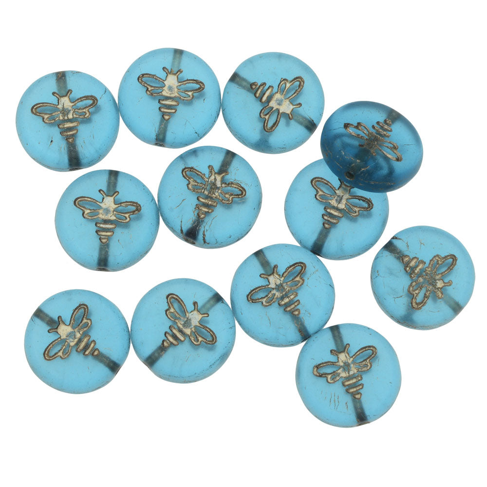 Czech Glass Beads, Pressed Coin with Bee 12mm, Aqua Blue Transparent Matte with Platinum Wash, by Raven's Journey (1 Strand)