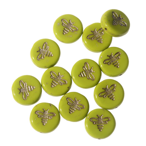 Czech Glass Beads, Pressed Coin with Bee 12mm, Gaspeite Green Opaque with Platinum Wash, by Raven's Journey (1 Strand)