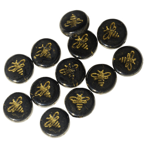 Czech Glass Beads, Pressed Coin with Bee 12mm, Hematite Opaque with Gold Wash, by Raven's Journey (1 Strand)