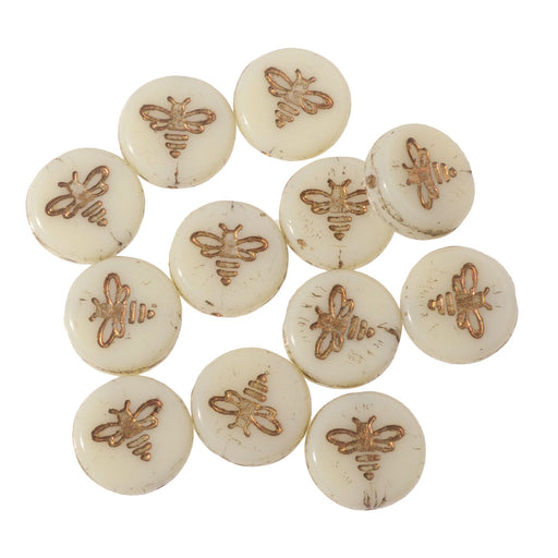 Czech Glass Beads, Pressed Coin with Bee 12mm, Ivory Opaque with Dark Bronze Wash, by Raven's Journey (1 Strand)