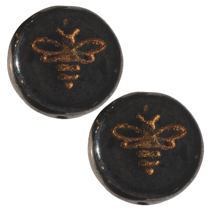 Czech Glass Beads, Pressed Coin with Bee 12mm, Jet Black Opaque with Dark Bronze Wash, by Raven's Journey (1 Strand)