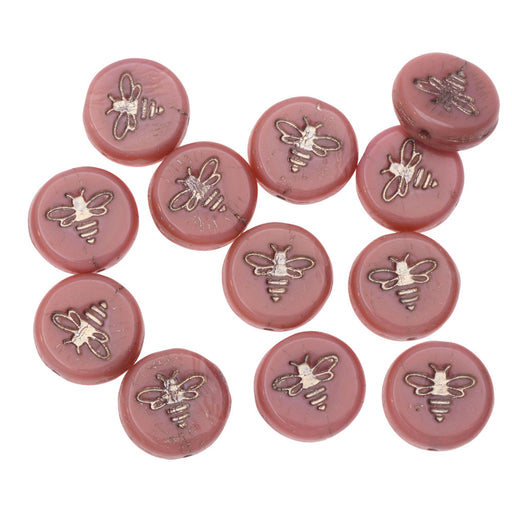 Czech Glass Beads, Pressed Coin with Bee 12mm, Pink Silk with Platinum Wash, by Raven's Journey (1 Strand)