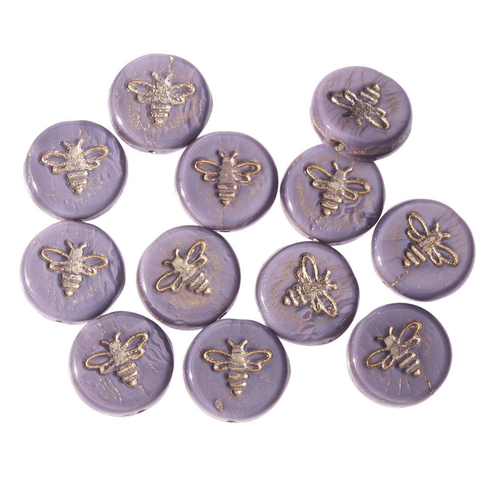Czech Glass Beads, Pressed Coin with Bee 12mm, Purple Silk with Platinum Wash, by Raven's Journey (1 Strand)