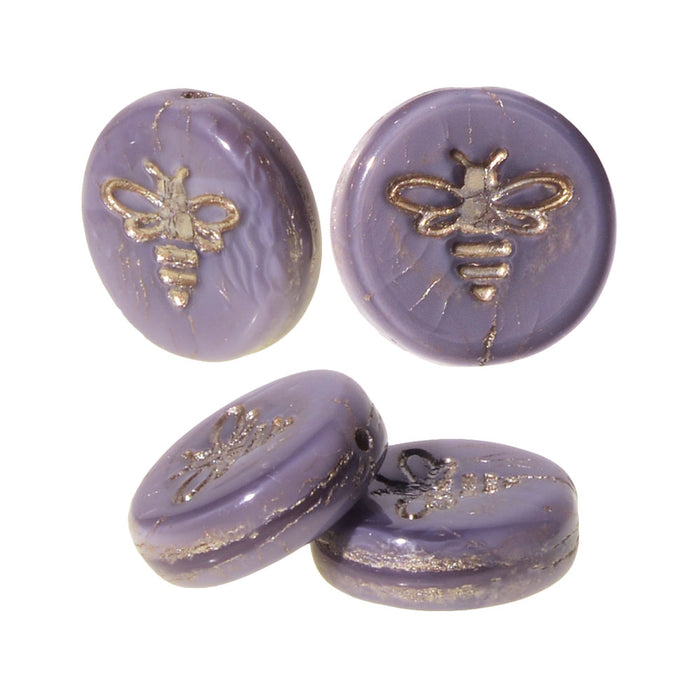 Czech Glass Beads, Pressed Coin with Bee 12mm, Purple Silk with Platinum Wash, by Raven's Journey (1 Strand)