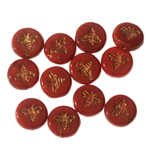 Czech Glass Beads, Pressed Coin with Bee 12mm, Red Opaline with Dark Bronze Wash, by Raven's Journey (1 Strand)