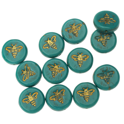 Czech Glass Beads, Pressed Coin with Bee 12mm, Turquoise Green Opaque with Gold Wash, by Raven's Journey (1 Strand)