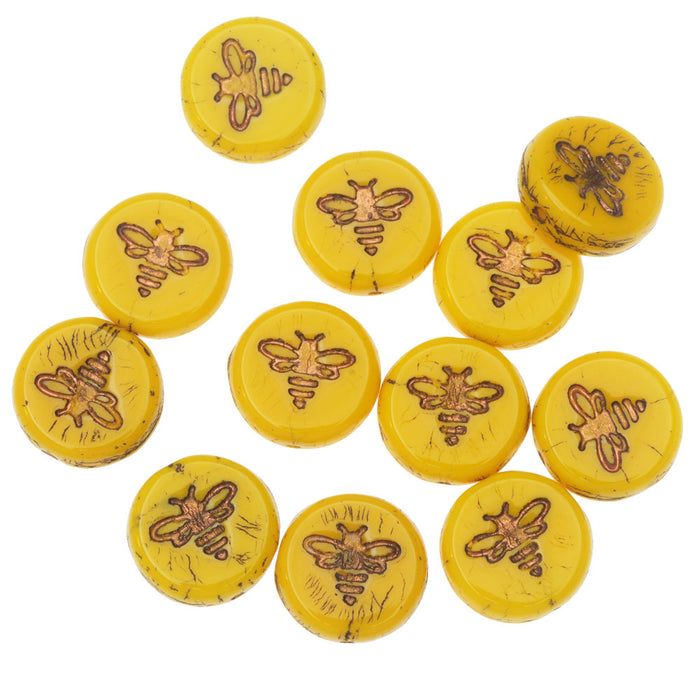 Czech Glass Beads, Pressed Coin with Bee 12mm, Yolk Yellow Opaque with Dark Bronze Wash, by Raven's Journey (1 Strand)